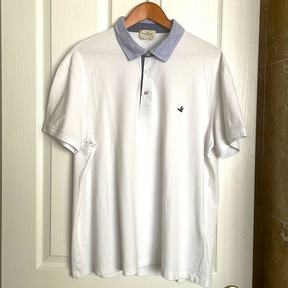 Brookfield White Polo with Striped and solid blue denim details.